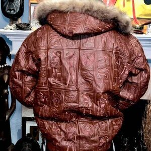 Stunning Vintage Leather Bomber with Egyptian Hieroglyphic Embroidery